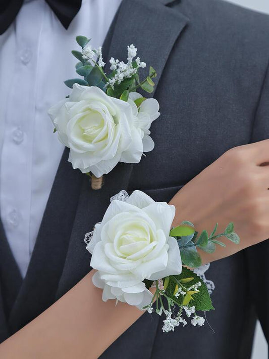 White Free-Form Silk Flower Wedding Bouquet sets (set of 2) - Wrist Corsage/Boutonniere