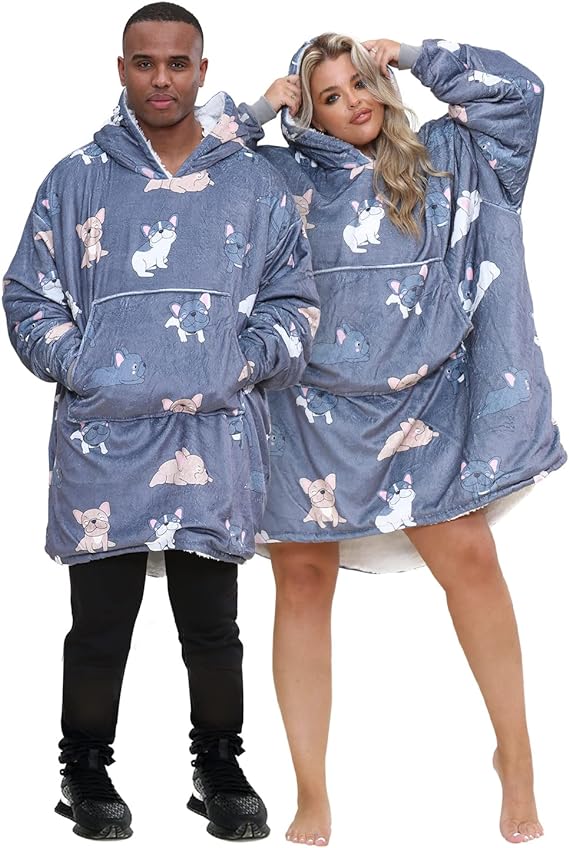 Grey Bull Dog Oodie Style Fleece Oversized Blanket Hoodie - Adults