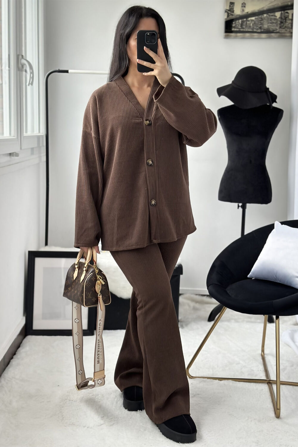 Brown Button Down Corduroy Lounge Set