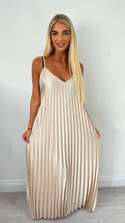 Beige Pleated Maxi Dress