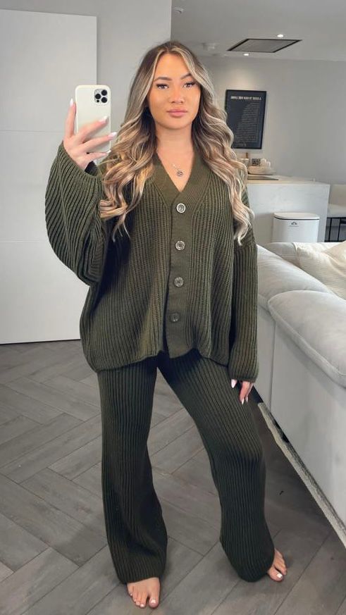 Khaki Button Down Knit Lounge Set