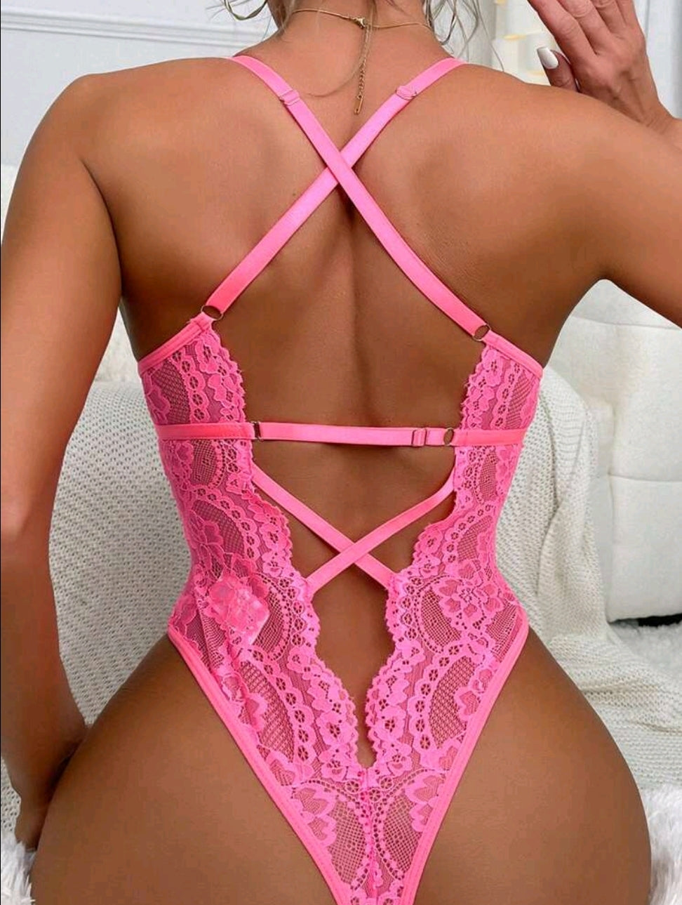 Hot Pink Lace Floral Bodysuit