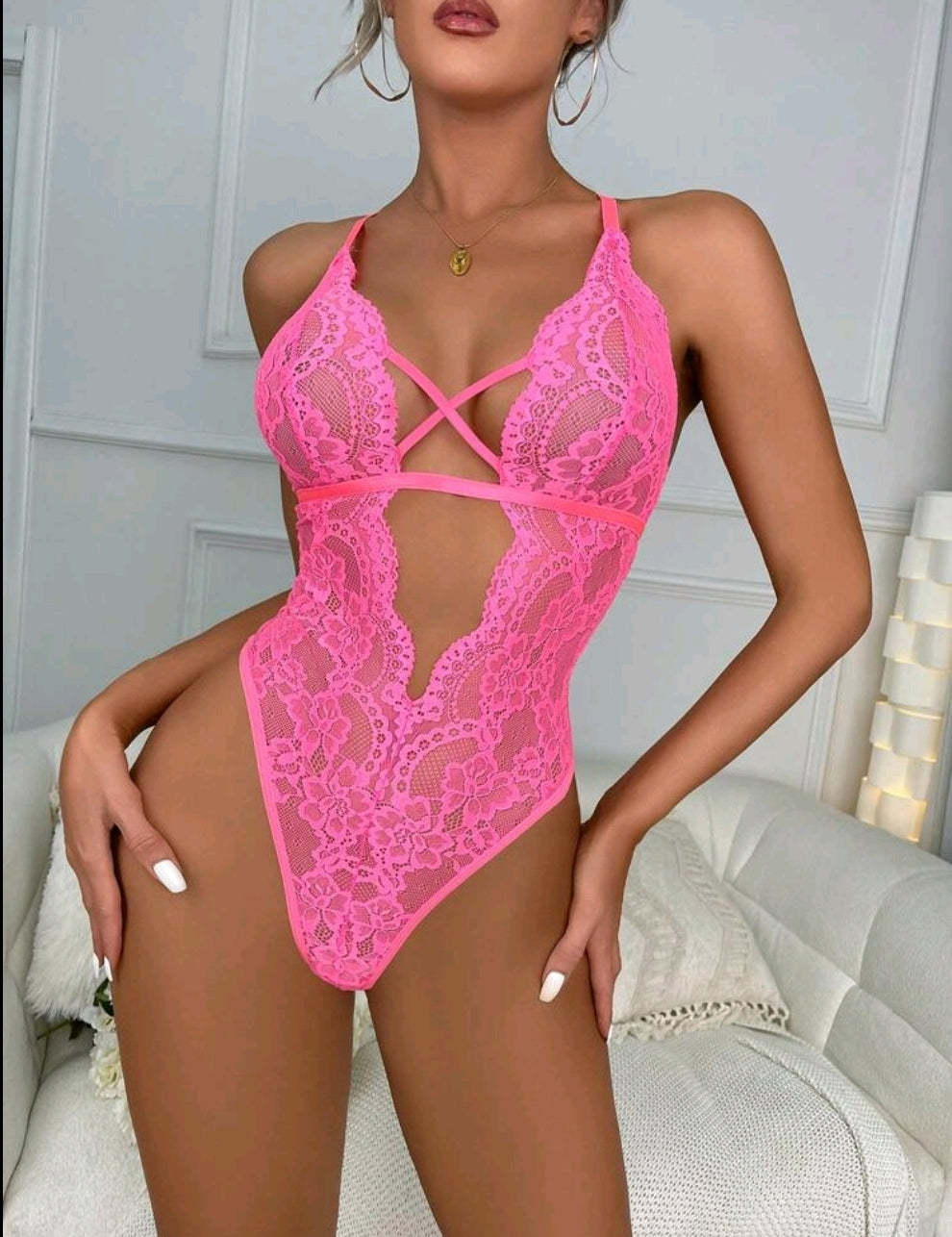 Hot Pink Lace Floral Bodysuit