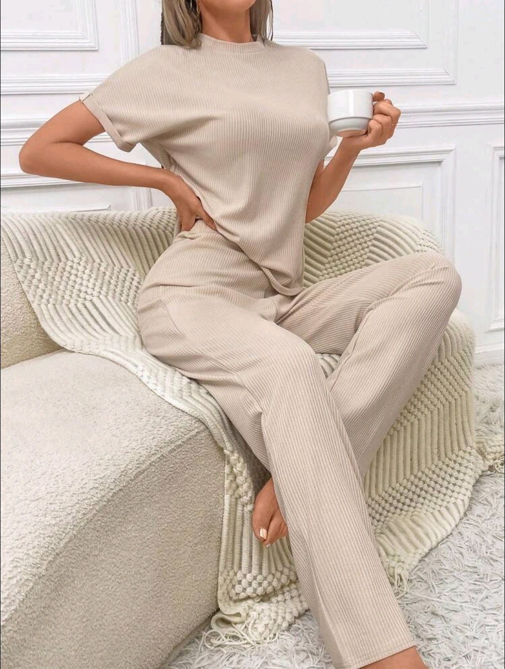 Beige Ribbed Short Sleeve Lounge Set