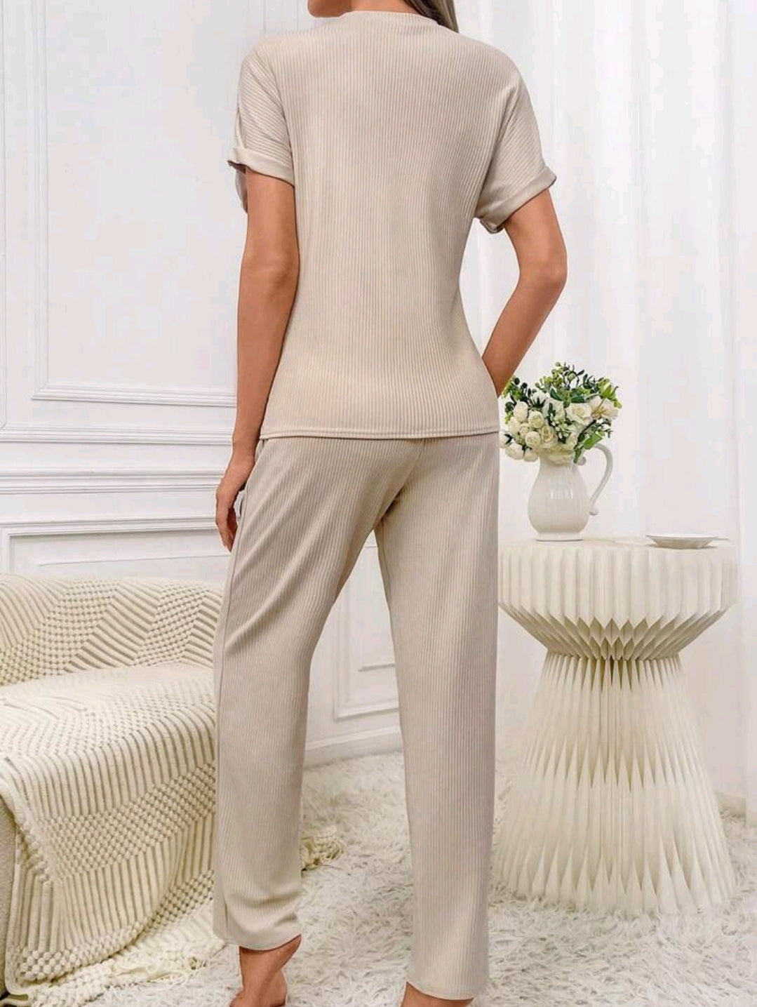 Beige Ribbed Short Sleeve Lounge Set