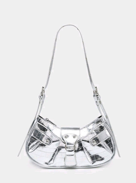 Metallic Silver Crocodile Hobo Handbag