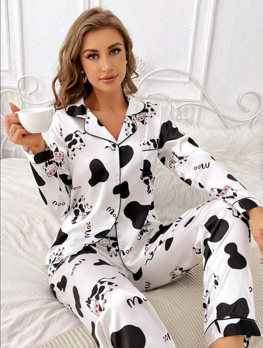 Satin Moo Cow Print Pyjama Set