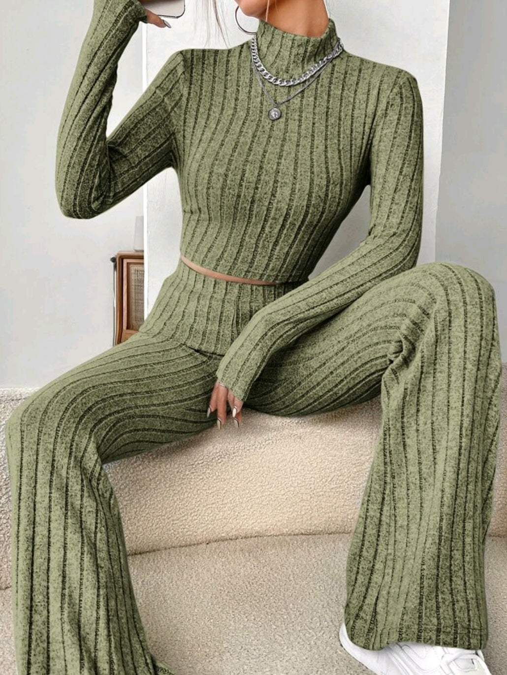 Khaki Ribbed Flared Lounge Set