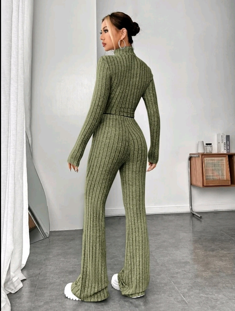 Khaki Ribbed Flared Lounge Set