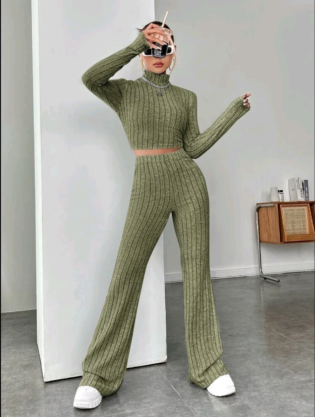 Khaki Ribbed Flared Lounge Set