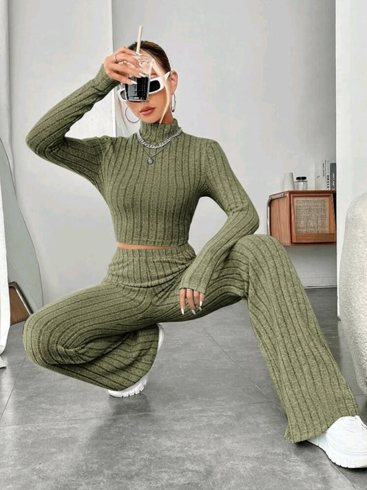 Khaki Ribbed Flared Lounge Set