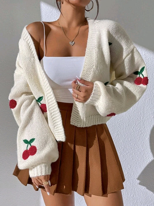 Cream Cherry Knitted Cardigan