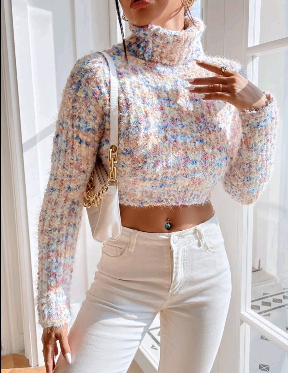 Multicolour High Neck Knit Crop Top