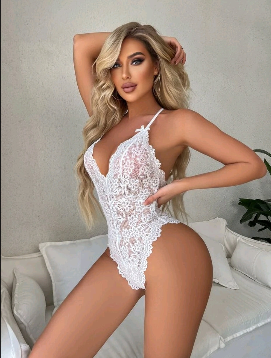 White Crotchless Lace Bodysuit