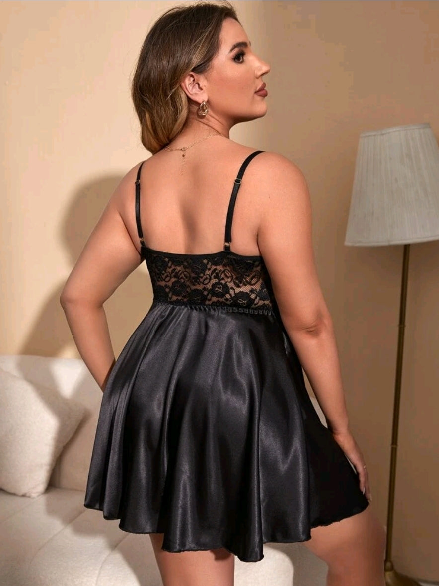 Black Lace & Satin Night Dress - Plus