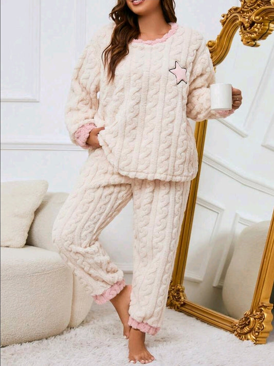 Cream & Pink Star Fleece Pyjamas - Plus