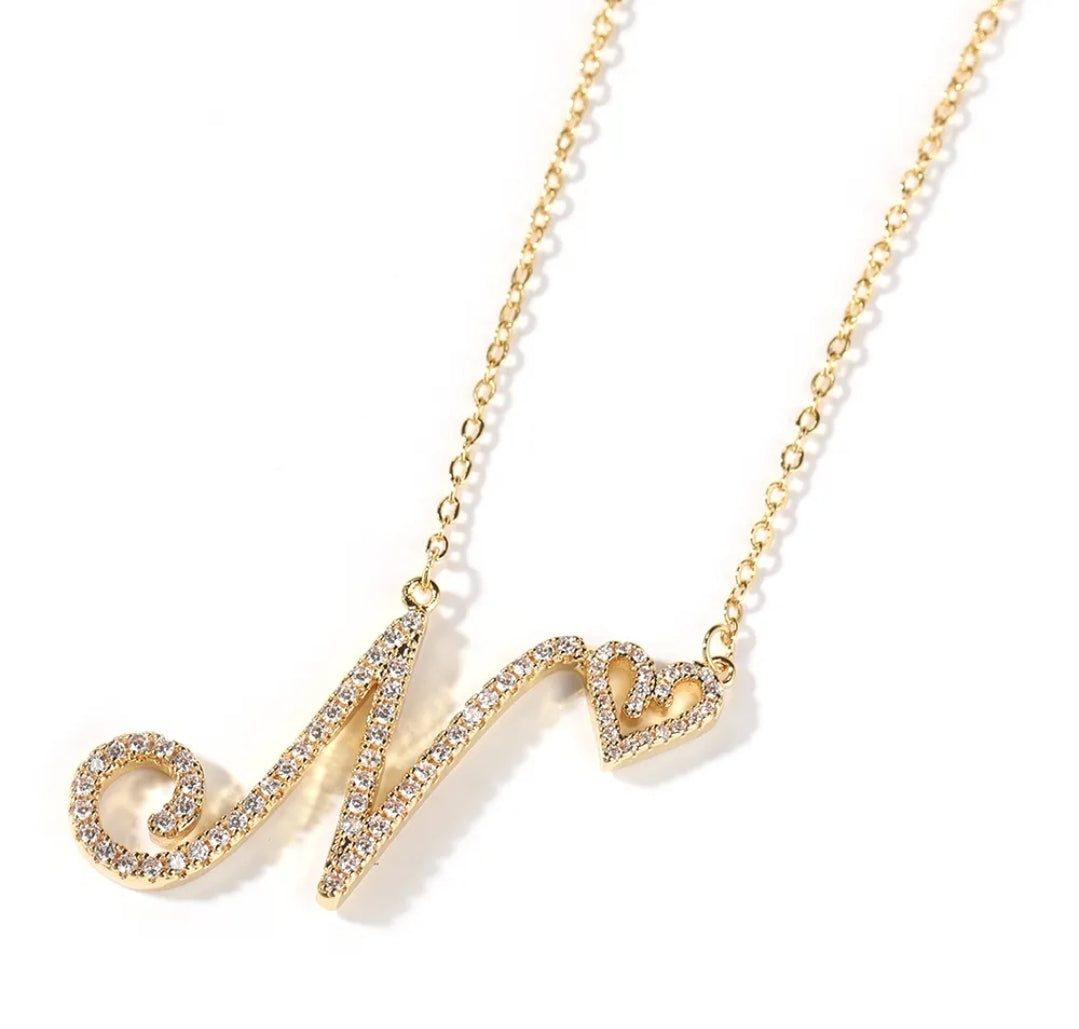 Love Heart Crystal Initial Necklace