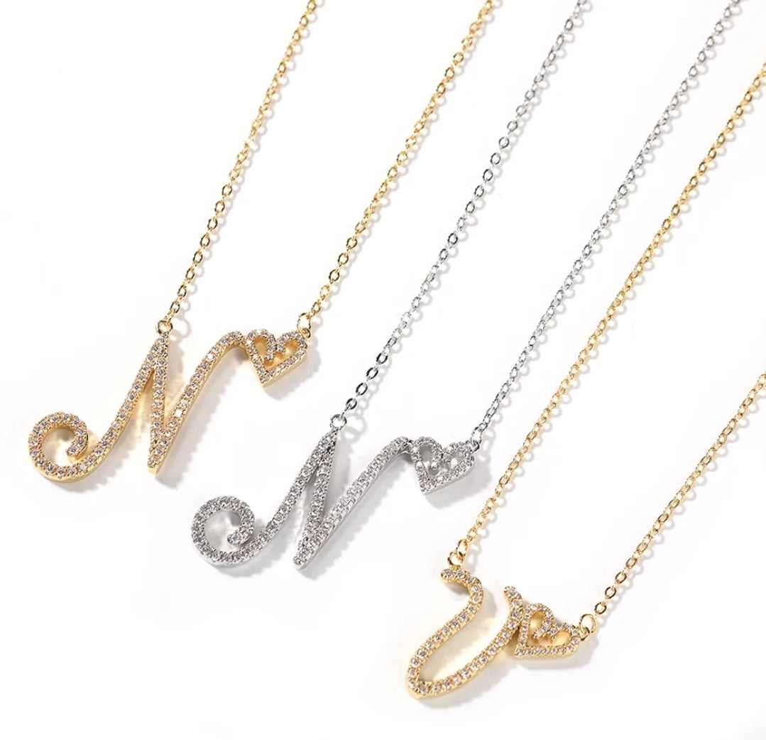 Love Heart Crystal Initial Necklace