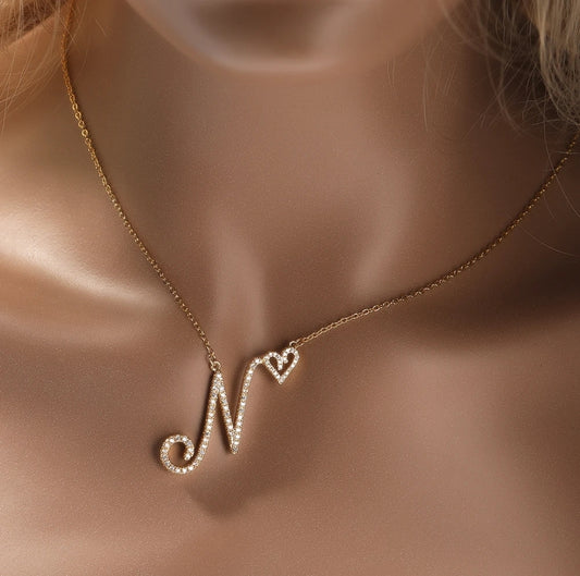 Love Heart Crystal Initial Necklace