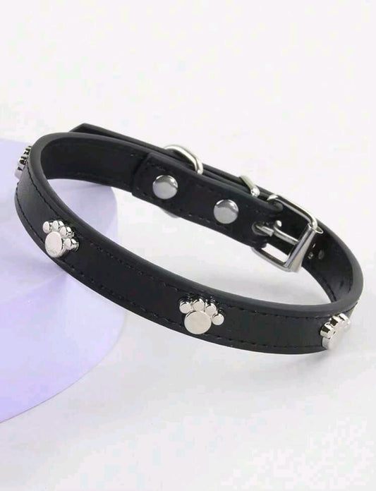 Black Silver Paw Print Studded Pet Dog & Cat Collar
