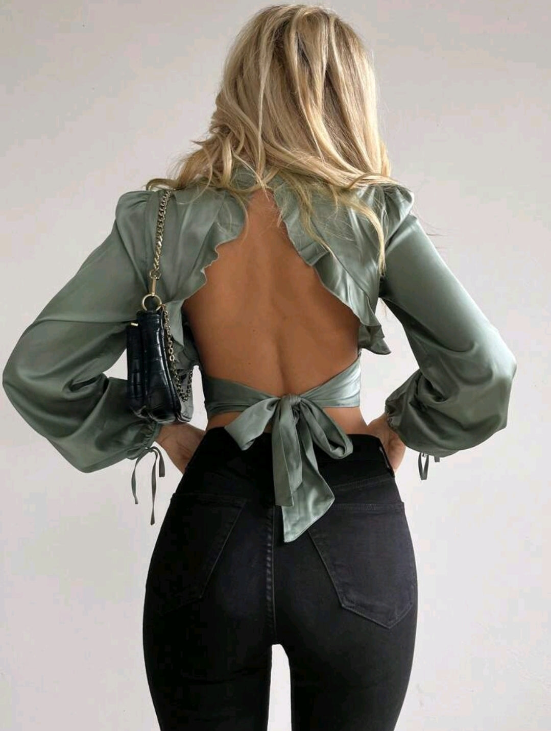 Green Satin Frill Cut Out Back Long Sleeve Top