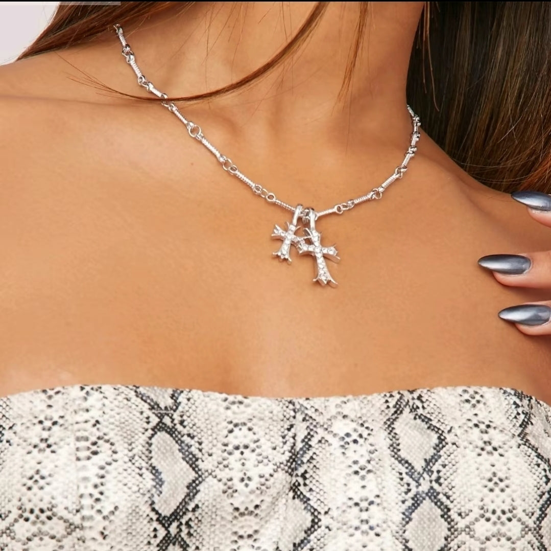 Diamante Crucifix Detail Pendant Silver Necklace
