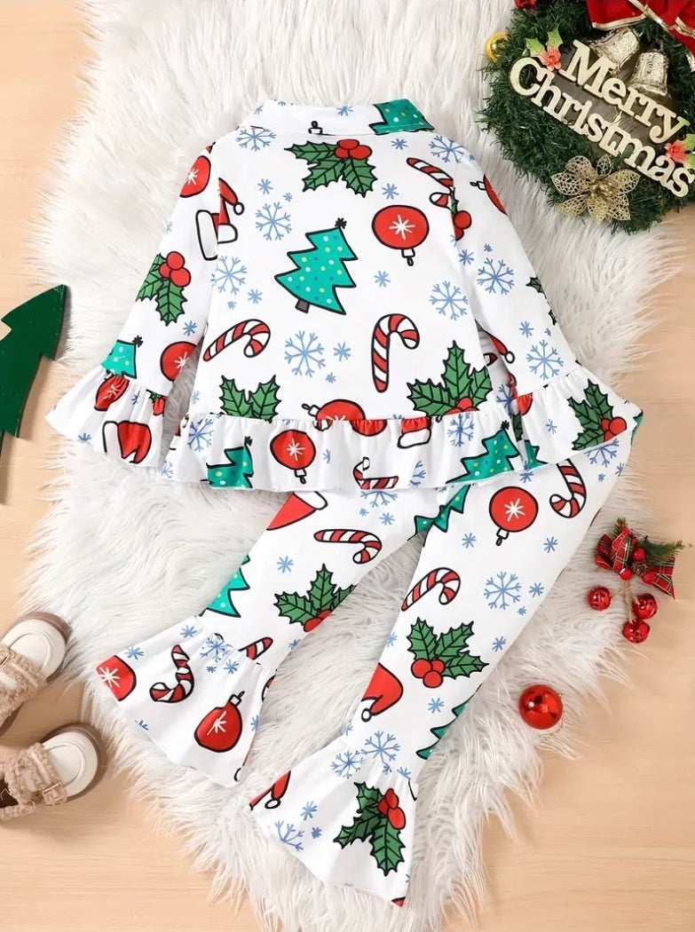 Children's White Candy Cane Frill Christmas Pyjamas