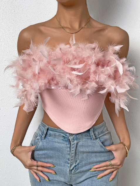 Rose Pink Feather Trim Ribbed Crop Top