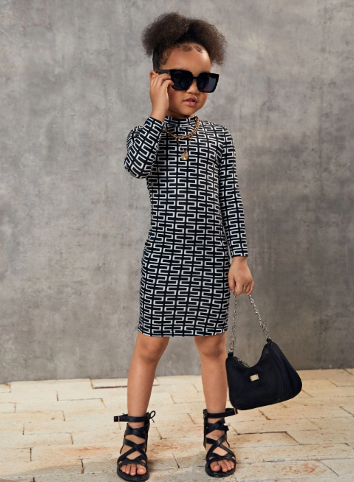 Black & White Geo Pattern Long Sleeved Children's Mini Dress