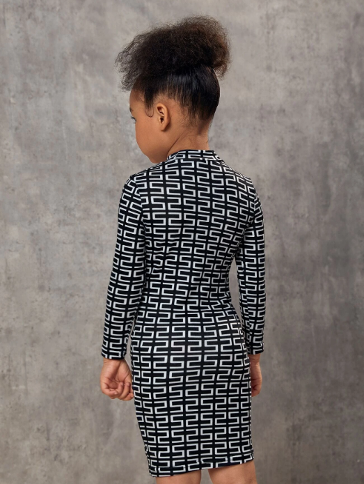 Black & White Geo Pattern Long Sleeved Children's Mini Dress