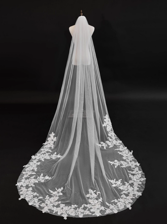 White Floral Lace Trim Long Cathedral Veil One Tier