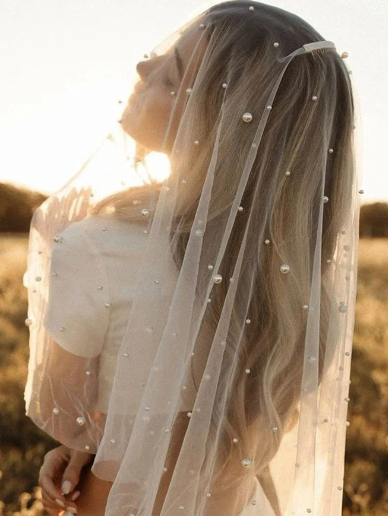 White Faux Pearl Bridal Two Tier Veil