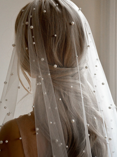 White Faux Pearl Bridal Two Tier Veil