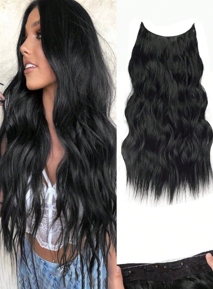 Black Long Wavy Hairpiece 20 Inch 135gm Curly Beach Wave Synthetic Hair Extension