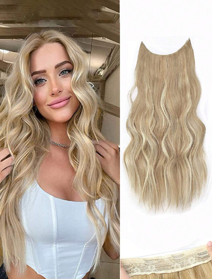 Light Brown Blonde Highlighted Wavy Hairpiece 20 Inch 135gm Curly Beach Wave Synthetic Hair Extension