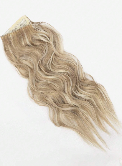 Light Brown Blonde Highlighted Wavy Hairpiece 20 Inch 135gm Curly Beach Wave Synthetic Hair Extension