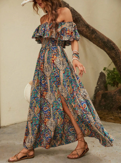 Multi Colour Boho Off Shoulder Ruffle Maxi Dress