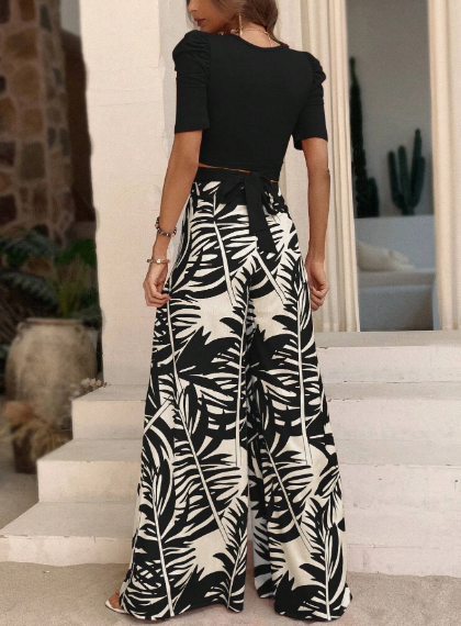 Black & White Palm Leaves Trouser 2 Piece Co-Ord Set