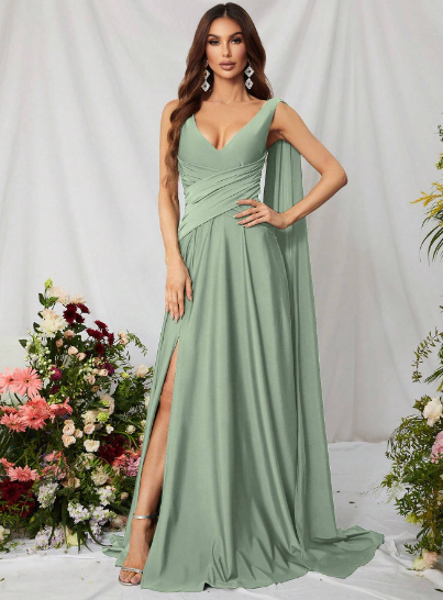 Mint Green Draped Arm Satin Thigh Split Bridesmaid Maxi Dress