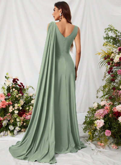 Mint Green Draped Arm Satin Thigh Split Bridesmaid Maxi Dress