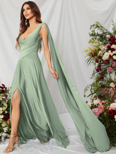 Mint Green Draped Arm Satin Thigh Split Bridesmaid Maxi Dress