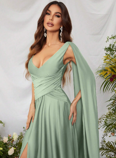 Mint Green Draped Arm Satin Thigh Split Bridesmaid Maxi Dress