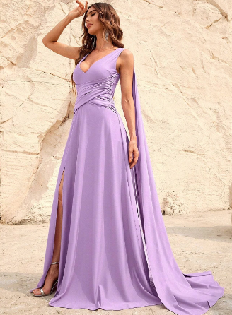 Lilac Draped Arm Satin Thigh Split Bridesmaid Maxi Dress