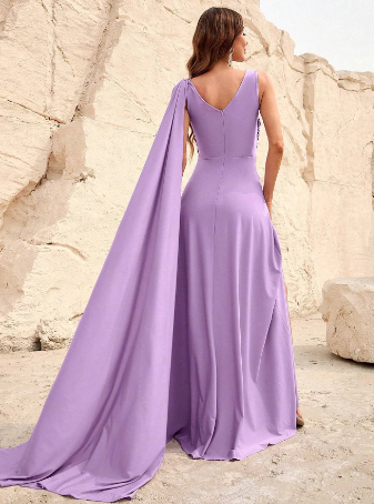 Lilac Draped Arm Satin Thigh Split Bridesmaid Maxi Dress