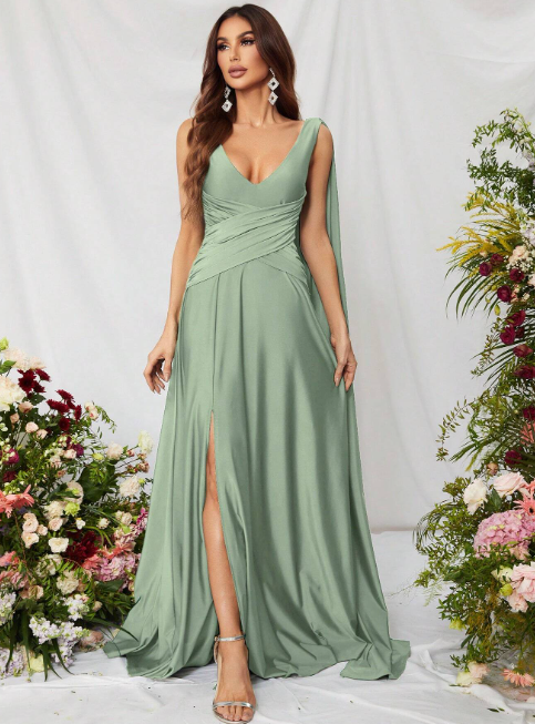 Mint Green Draped Arm Satin Thigh Split Bridesmaid Maxi Dress