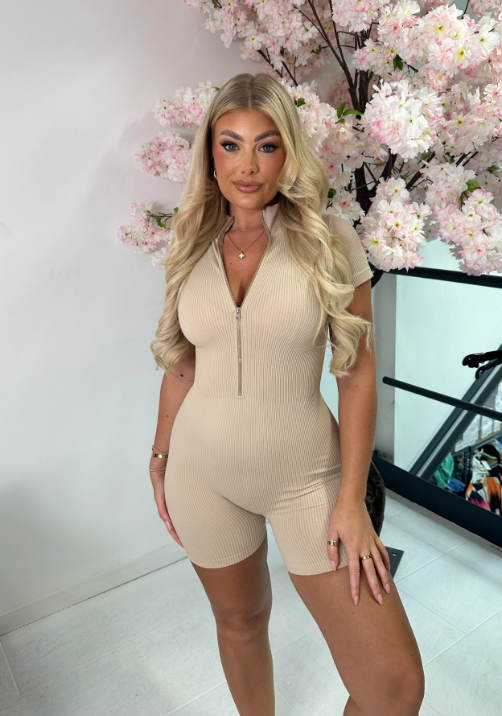 Beige Zip Short Unitard