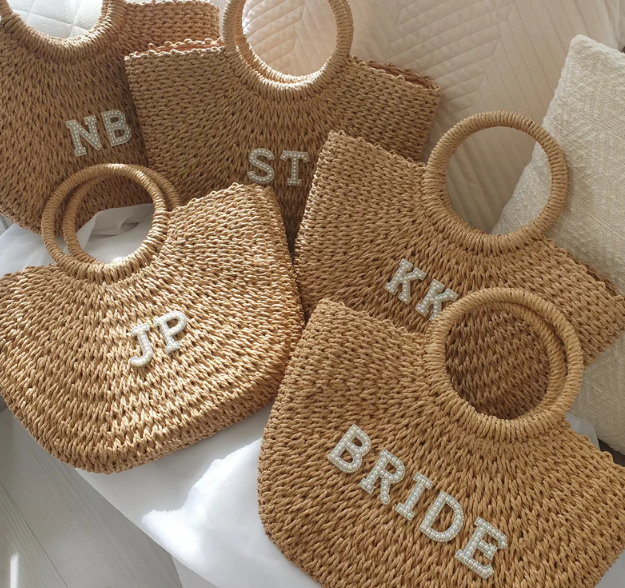 Personalised Embellished Diamante Initial Straw Beach Bag. Personalised Beach Bag. Woven Patch Beach Bag. Initial Woven Beach Bag.