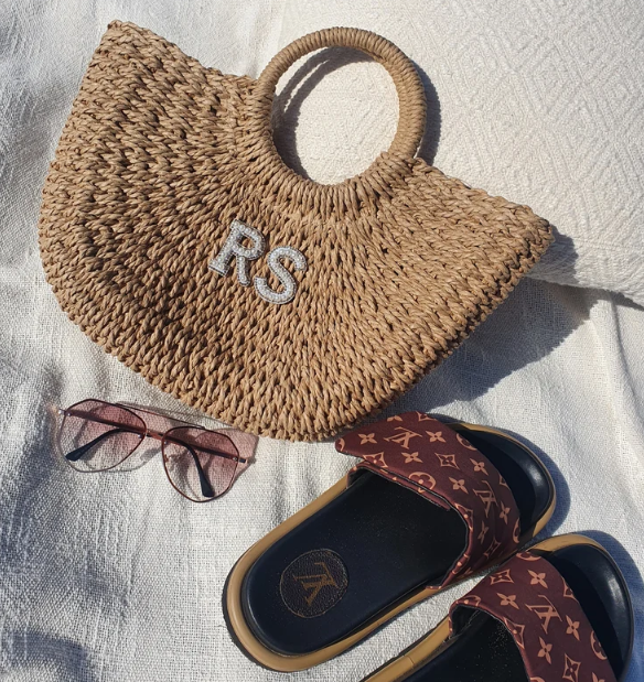 Personalised Embellished Diamante Initial Straw Beach Bag. Personalised Beach Bag. Woven Patch Beach Bag. Initial Woven Beach Bag.