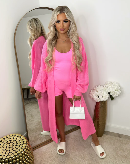 Hot Pink Knitted Balloon Sleeve Long Cardigan