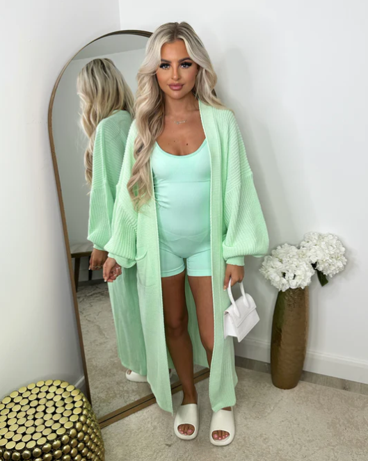 Mint Knitted Balloon Sleeve Long Cardigan